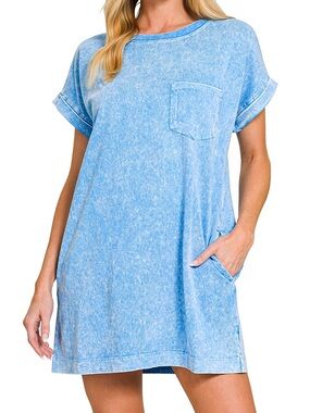 Halo Snow Premium Cotton Washed T-Shirt Dress in Ocean Blue